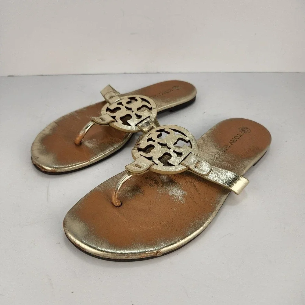 Tory Burch Miller Women's Size 7 Gold Metallic Logo Medallion Thong Sandals